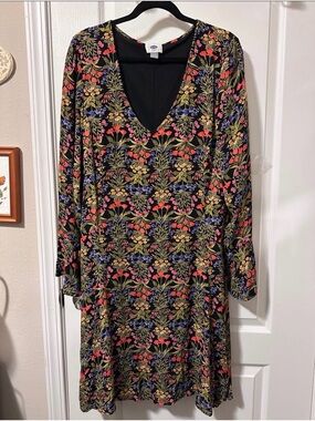 Old Navy Black V-Neck Long Sleeve Dress with Multicolor Floral Print